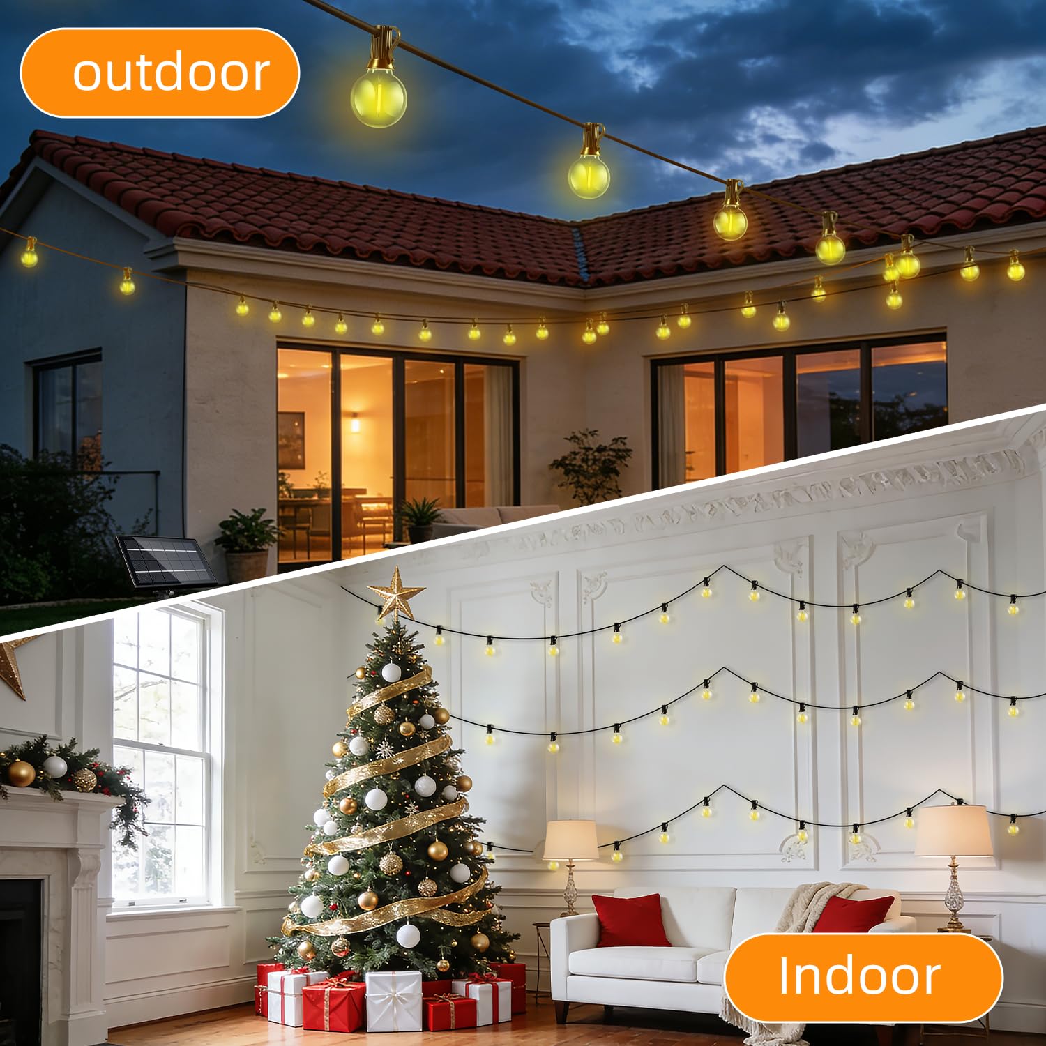 FUANXIEI 100FT Solar Lights Outdoor Waterproof: G40 30M Shatterproof Bulbs Patio Lights - Solar Powered Remote Control 3 Light Modes Dimmable Solar Light - Camping Backyard Garden Deck Outside Yard