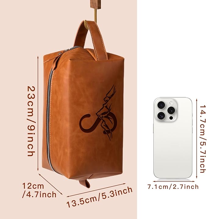 Personalized Gifts Travel Toiletry Bag for Men Engraved Initial PU Leather Waterproof Shaving Bag for Toiletries Accessories Fathers Day Birthday Gift for Men Dad Husband Son, Light Brown K