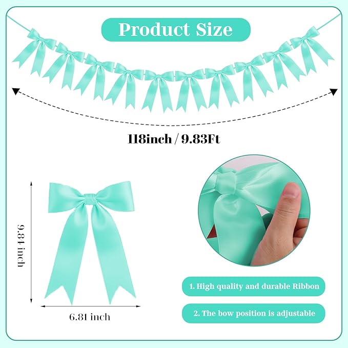 Lake Blue Bow Garland Bow Banner Bow Party Decorations Pre-Strung Large Coquette Satin Ribbon for Birthday Bachelorette Party Bridal Shower Wedding Engagement Baby Shower