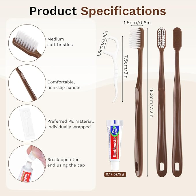 Disposable Toothbrushes with Toothpaste, Travel Toothbrush Kit, Individually Packaged, Brown, with Floss Picks, Suitable for Hotel, Home, Camping, Travel (50-Pack)