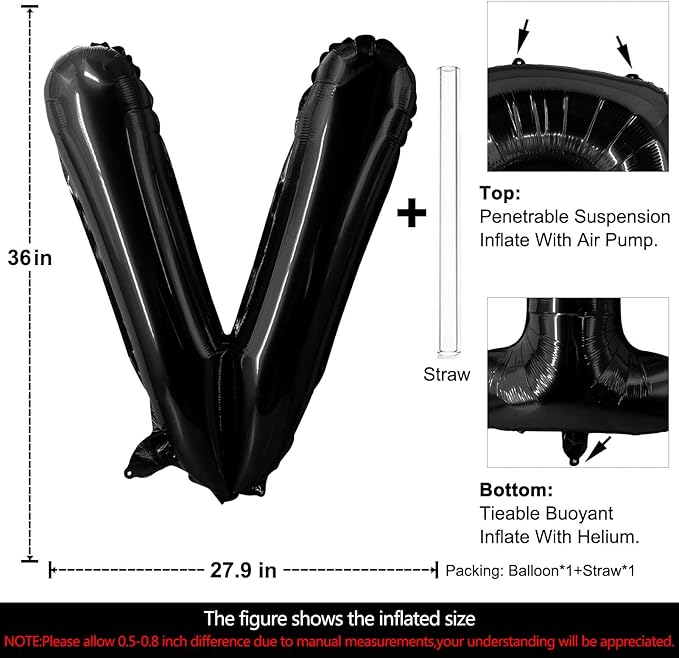 Lovoir 40 Inch Large Black Letter V Balloons Big Size Jumbo Mylar Foil Helium Balloon for Birthday Party Celebration Decorations Alphabet Black V