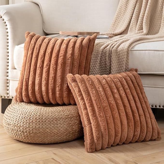 DEELAND Pack of 2,Double-Sided Faux Fur Plush Decorative Throw Pillow Covers Fuzzy Striped Soft Pillowcase Cushion Covers for Sofa Couch Bedroom Brown 18x18 inch