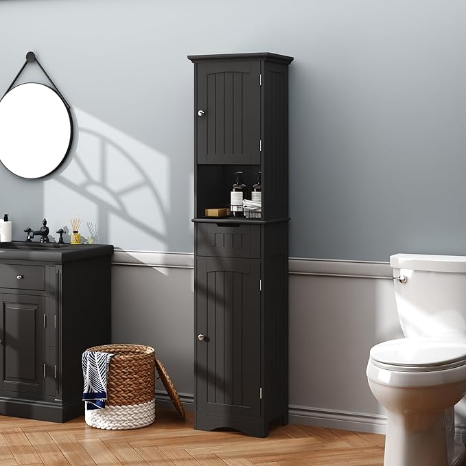 ChooChoo 67" Tall Bathroom Storage Cabinet Freestanding with Adjustable Shelves, Narrow Storage Linen Cabinet with 2 Doors and 1 Drawers for Bathroom, Living Room, Kitchen, Black