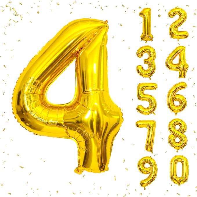 40 Inch Gold Number Balloons, Helium Mylar Foil Number Balloons for Birthday, Number 4 Balloon for 4st Birthday Decorations for Kids, Anniversary Party Decorations Supplies