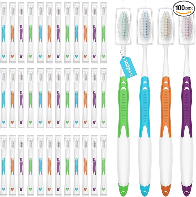 100 Bulk Toothbrushes Pack with Covers, Individually Wrapped Tooth Brushes for Adults & Kids, Disposable Toothbrush for Travel, Donations, Hotels, Medium Soft Toothbrushes with Hygienic Cap