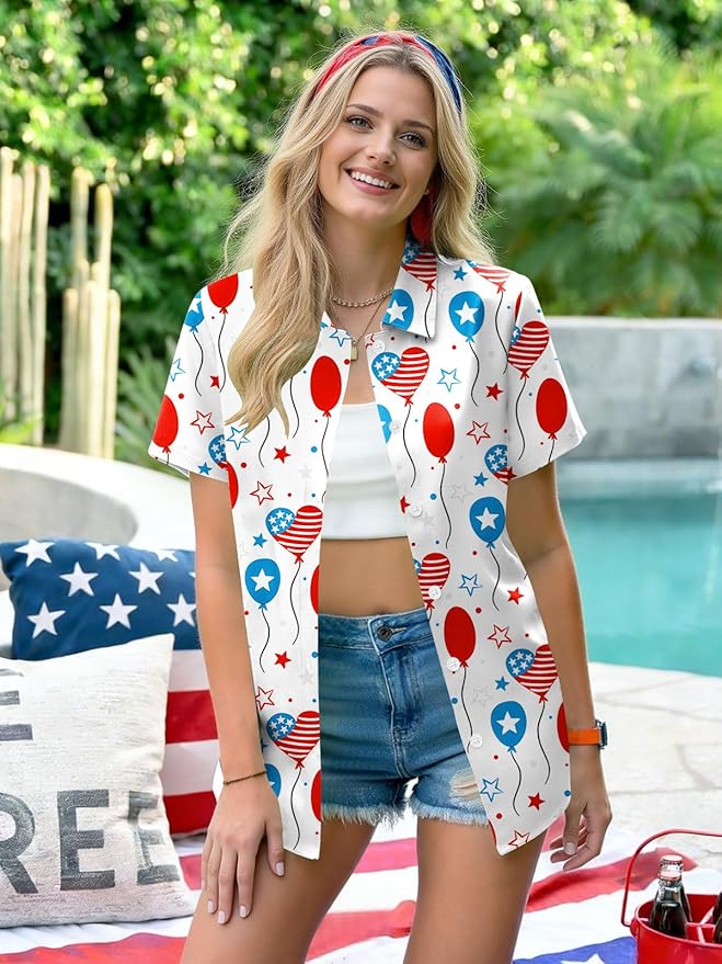 4th of July Shirts Women American Flag Patriotic Shirt Independence Day Short Sleeve Button Down Outfits