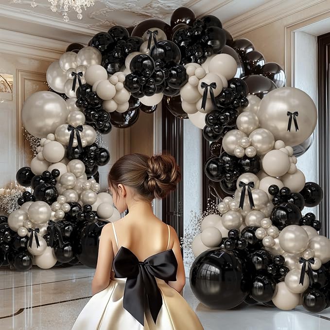 Black and White Champagne Bow Balloon Arch Kit Double-stuffed Pearl Beige Cream Balloons for 2025 Graduation, Prom, Martini Birthday,Bridal Shower, Wedding,Coquette Bride Party Decorations