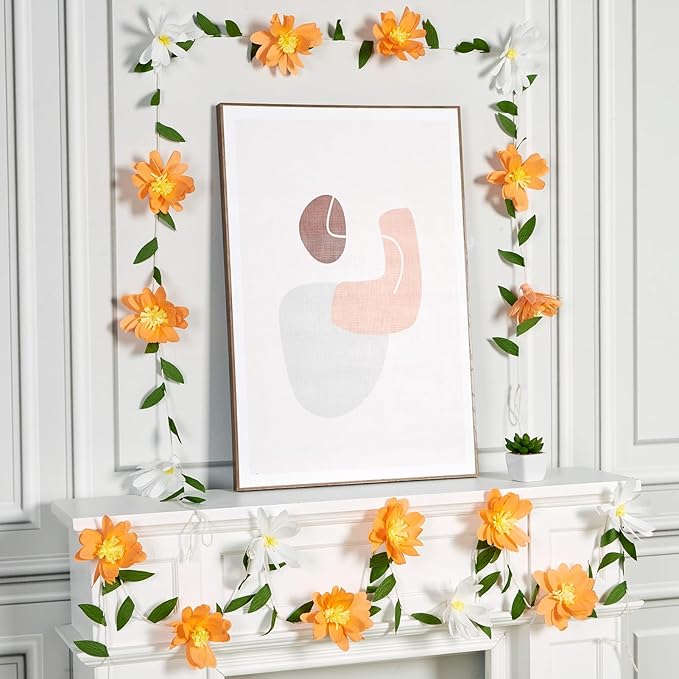 2PCS Paper Flower Garland, Paper Leaves Banner Vine Flowers with Green Leaves Crepe Flower Garland Decorations for Wall Anniversary Wedding Birthday Arch Decor-Orange