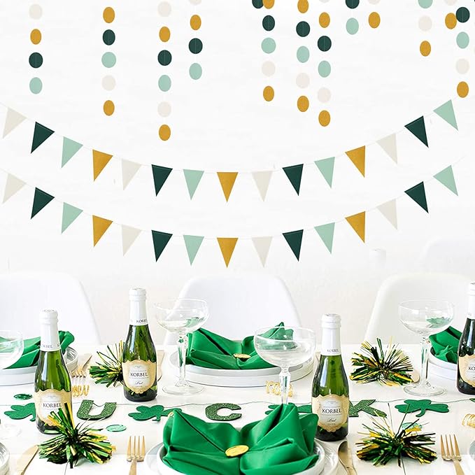Sage Green Ivory Gold Pennant Banner,2 Pack Paper Triangle Flags,Baby Bridal Shower Safari Jungle Birthday Tropical Party Decorations Wedding Bachelorette Engagement Bunting Lasting Surprise