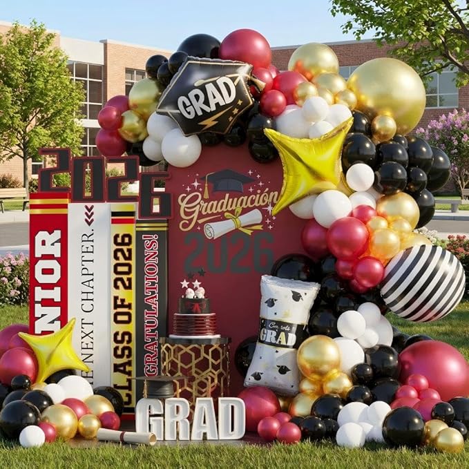 Graduation Balloon Garland Arch Kit 2026, 150Pcs Burgundy Black Gold White Balloons for Class of 2026 Celebration Graduation Party Decorations, Congrats Grad Backdrop Decor