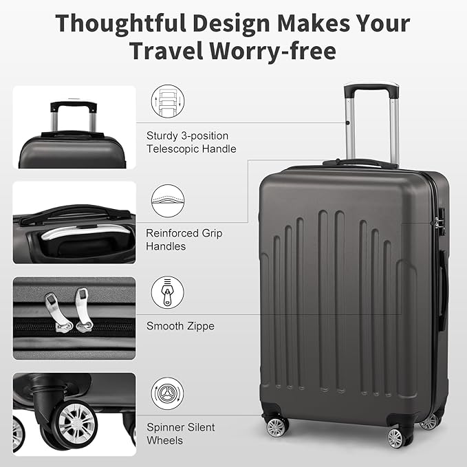 Karl home Carry On Luggage 22x14x9 Airline Approved, ABS Hardshell Suitcase with TSA Lock & Spinner Wheels, Durable Small Suitcase Rolling Luggage for Business Travel, Dark Grey