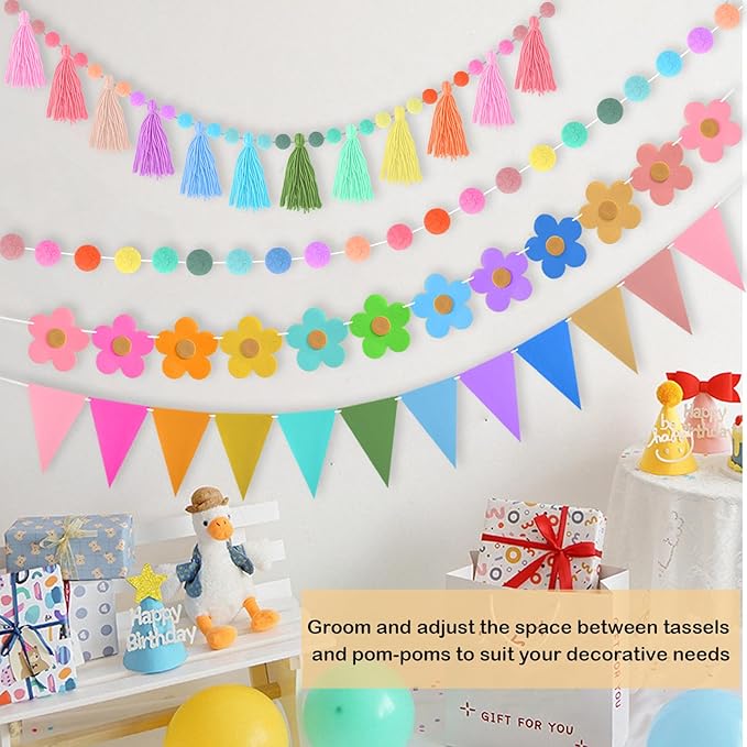 4 Pcs Rainbow Tassel Garland Colorful Pom Pom Garland 9.8 Feet Boho Felt Fabric Tassel Banner Set, Pastel Wall Door Hanging Decor for Classroom Birthday Party Kids Bedroom School