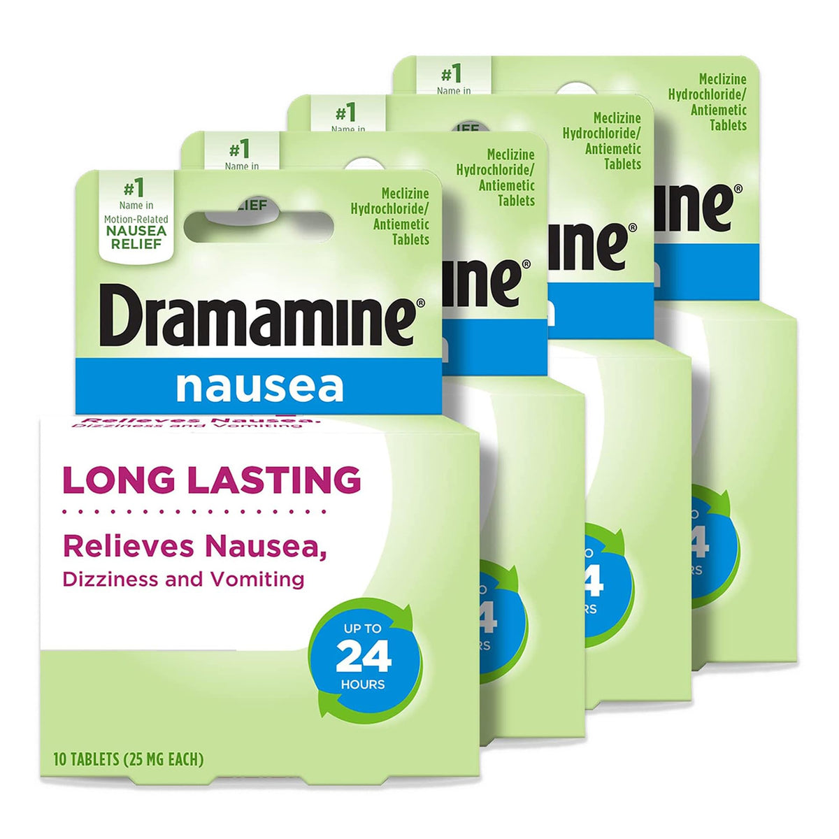 Dramamine Nausea Relief, with Meclizine HCl for Long-Lasting Relief of Nausea, Vomiting & Dizziness, 10 Tablets, Pack of 4