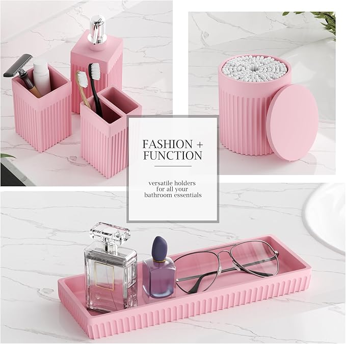 6-Piece Pink Bathroom Set - Sleek Resin Bathroom Accessories Set with Soap Dispenser, Toothbrush Holder, Vanity Tray, Tumbler & Apothecary Jars for Small Spaces