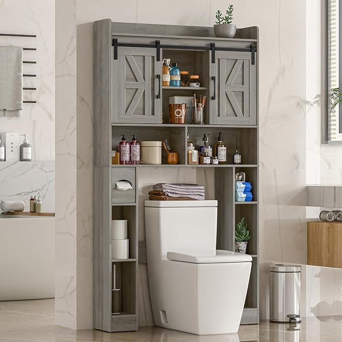 Farmhouse Storage Cabinet Over Toilet with Sliding Doors，Over The Toilet Storage Cabinet, Home Space-Saving Toilet Rack, for Bathroom, Restroom, Laundry
