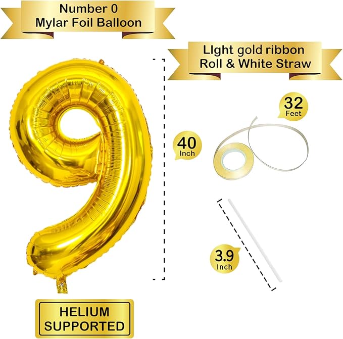 Gold Number Balloons Birthday Balloons - Giant Gold Number 9 Balloon 40 inch, Numbers Balloon Birthday Decorations, Gold Party Supplies for Women Men