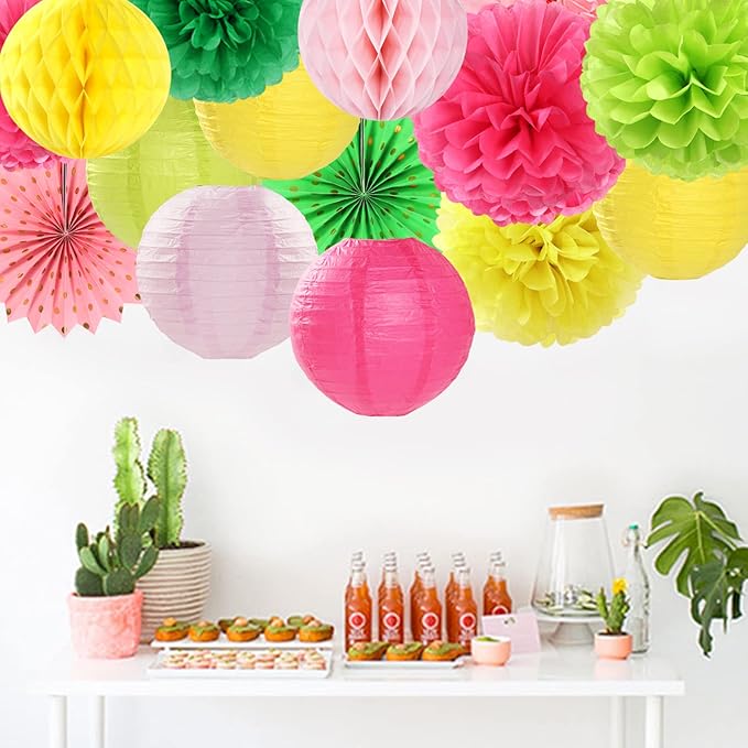 Hawaiian-Summer Beach Pool Party-Decorations Streamers - 14pcs Tropical Jungle Aloha Birthday Supplies Paper Lanterns Fan,Tissue Pom Poms,Baby Shower Honeycomb Ball Decor Lasting Surprise
