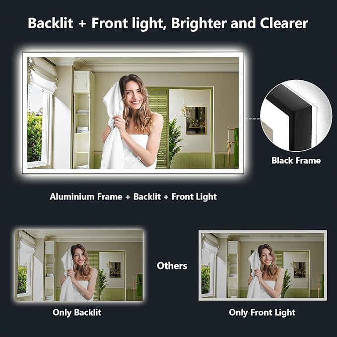 72x36 Inch LED Bathroom Mirror with Lights (Front Lit and Backlit) Black Framed Lighted Vanity Mirror for Bathroom Wall Dimmable Anti-Fog Memory Tempered Glass Horizontal/Vertical