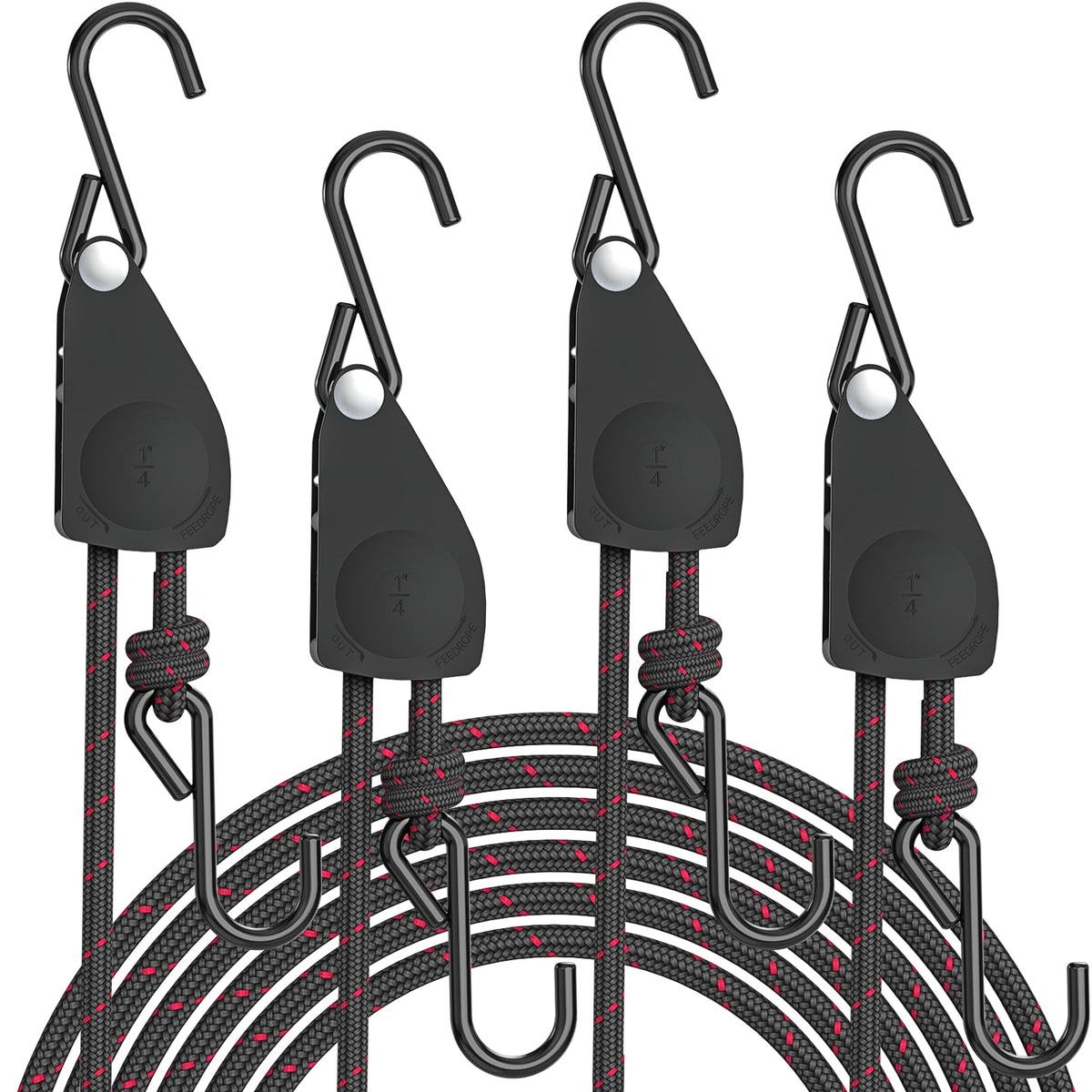 Kayak Straps Tie Downs 4 Pack, Roof Rack Straps Adjustable Ratchet Tie Down Straps with Lock S Hooks, 1/4 Inch 12 Feet Ratchet Straps Heavy Duty for Small Cargo, Kayak, Packing, Camping Gear