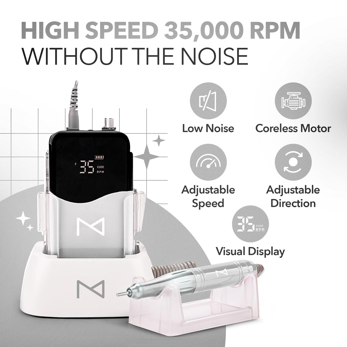 M Mase- Professional Nail Drill Machine - Coreless 2-in-1 Nail File - Electric, Cordless, 35000 RPM, HD Display - Electric Nail Drill for Professional & Home Use (White)