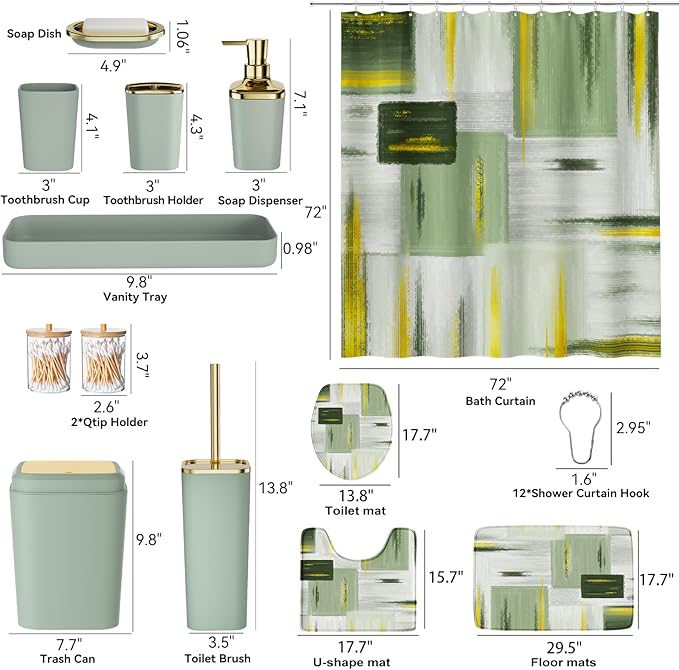 Bathroom Accessories Set - 25PC Bathroom Set with Shower Curtain and Rugs, Sage Green Bathroom Set, Bathroom Accessory Set with Press-on Lid Trash Can, Soap Dispenser and Qtip Holders