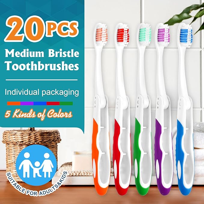 Navona 20 PCS Travel Toothbrush Set, Travel Size Toothbrush, Folding Mini Toothbrushes, Portable Individually Wrapped Bulk Toothbrushes, Medium Bristles for Camping, Hiking, School