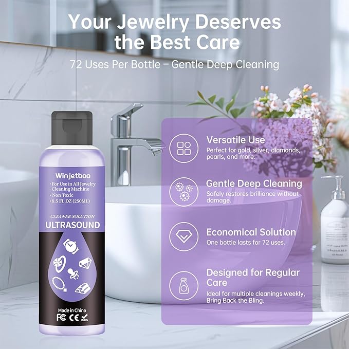 Ultrasound Jewelry Cleaner Solution, Use in All Ultrasound Jewelry Machines, Rings and Eyeglass, Performance Liquid Cleans Solution for Diamonds, Gold, Earrings, and Watch, 8.5 oz/250 ml