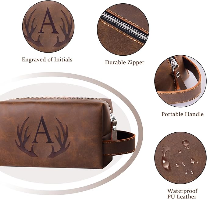 Personalized Fathers Day Birthday Gifts for Men Father New Dad Papa Elderly Dad Travel Toiletry Bag Initial PU Leather Shaving Bag for Toiletries Accessories Travel Essential Storage Bag (C)