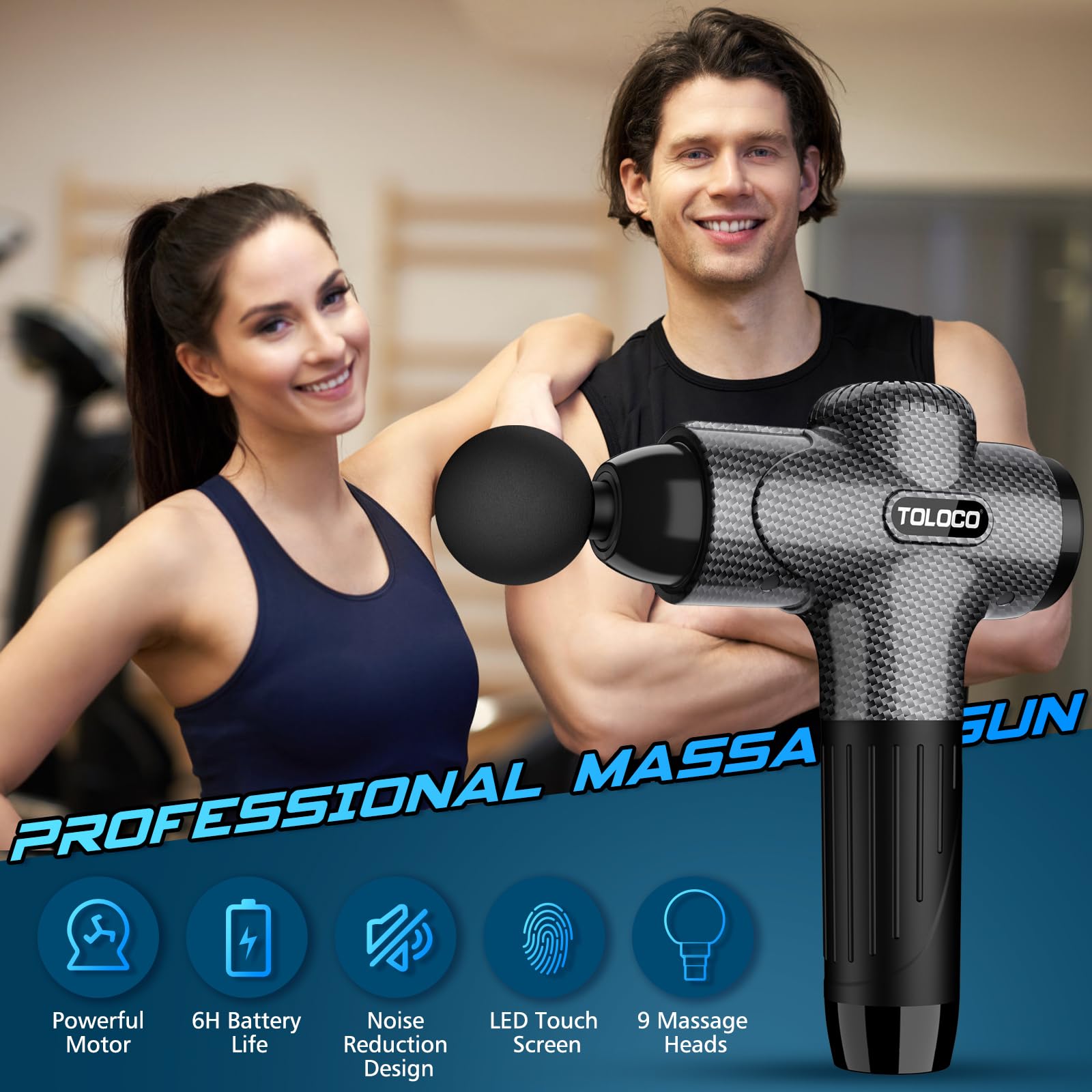 TOLOCO Massage Gun, Back Massager 10 Replacement Head for Pain Relief Deep Tissue, Percussion Massage Guns 7 Speed Level Super Quiet Electric Massager Fathers Day Dad Gifts, Carbon