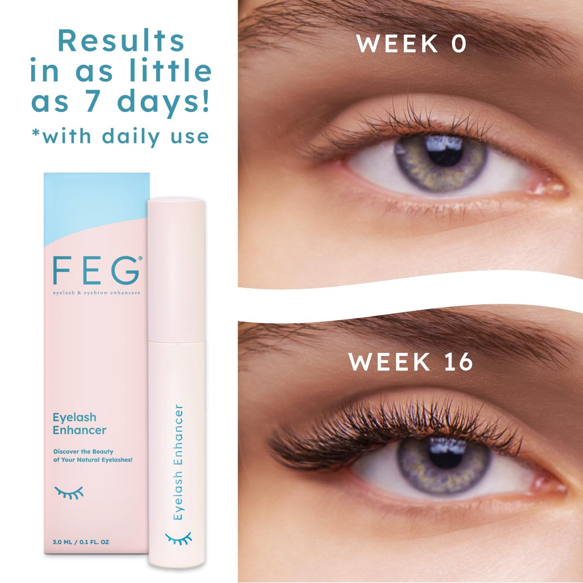 FEG Eyelash Enhancer Rapid Lash Growth Serum with Natural Ingredients | Lash Serum for Growing Thick, Full, and Long Eyelashes | Stimulates Natural Growth | 2-Pack of 3ml Tubes
