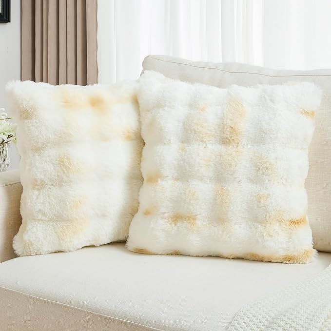 FUTEI Yellow White Decorative Throw Pillow Covers 16x16 Inch Set of 2,Soft Fuzzy Faux Rabbit Fur Cushion Covers with Raised Texture,Neutral Boho Home Decor for Couch Bed Living Room
