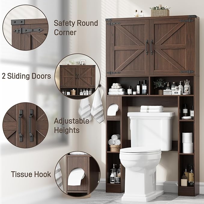 Vabches Over The Toilet Storage Cabinet, Farmhouse Storage Cabinet Over Toilet with 2 Barn Doors ，Toilet Paper Holder Stand，Home Space-Saving Toilet Rack, for Laundry, Restroom, Bathroom.Espresso.