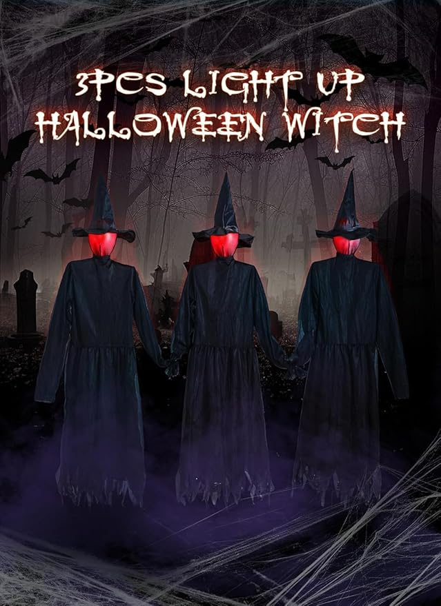 Halloween Decorations Outdoor 3PCS Light Up Witches Holding Hands Witches with Stakes, Scary Screaming Witches with Glowing Face, Creepy Halloween Party Props Decor for Yard Garden Outside Lawn Porch