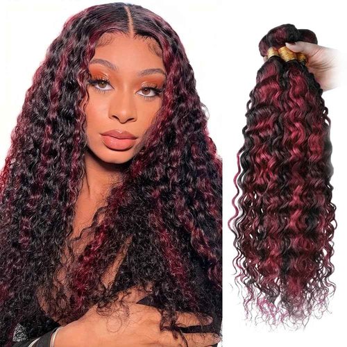 Fabimiya 20 22 24 inch Burgundy P1B/99J Deep Wave Human Hair Bundles Wine Red Human Hair Bundles Unprocessed Burgundy Soft Sewn In Hair with Double Weft for Black Women