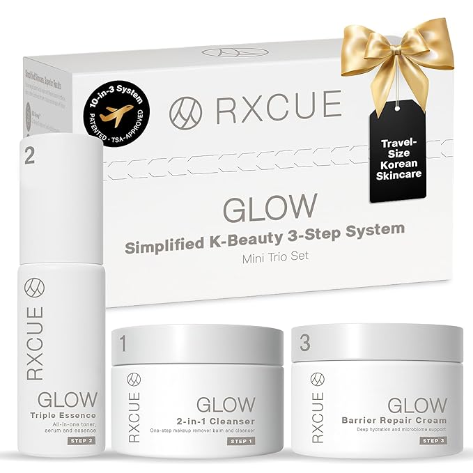 Travel Size Korean Skincare Set – Simplified 3-Step K-Beauty Kit, Rxcue Glow Patented 10-in-3 System for Glass Skin, TSA Approved, Korean Skin Care Travel Set, Skincare Kits & Gift Set, 1.01 fl oz ea