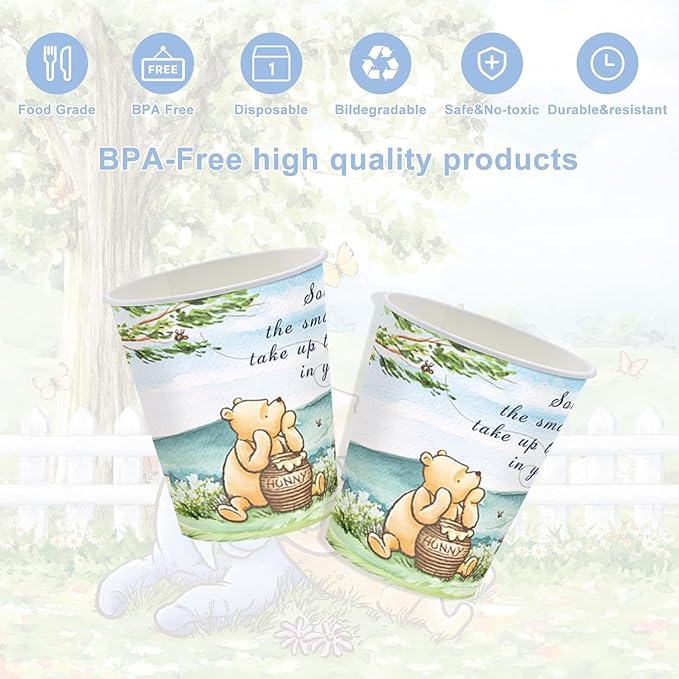 120PCS Winnie Baby Shower Party Supplies Babyshower 1st Party Decorations for Kids Girls Birthday Neutral Classic Bear Tableware Set Include Plates,Napkin,Cups,for 20 Guests