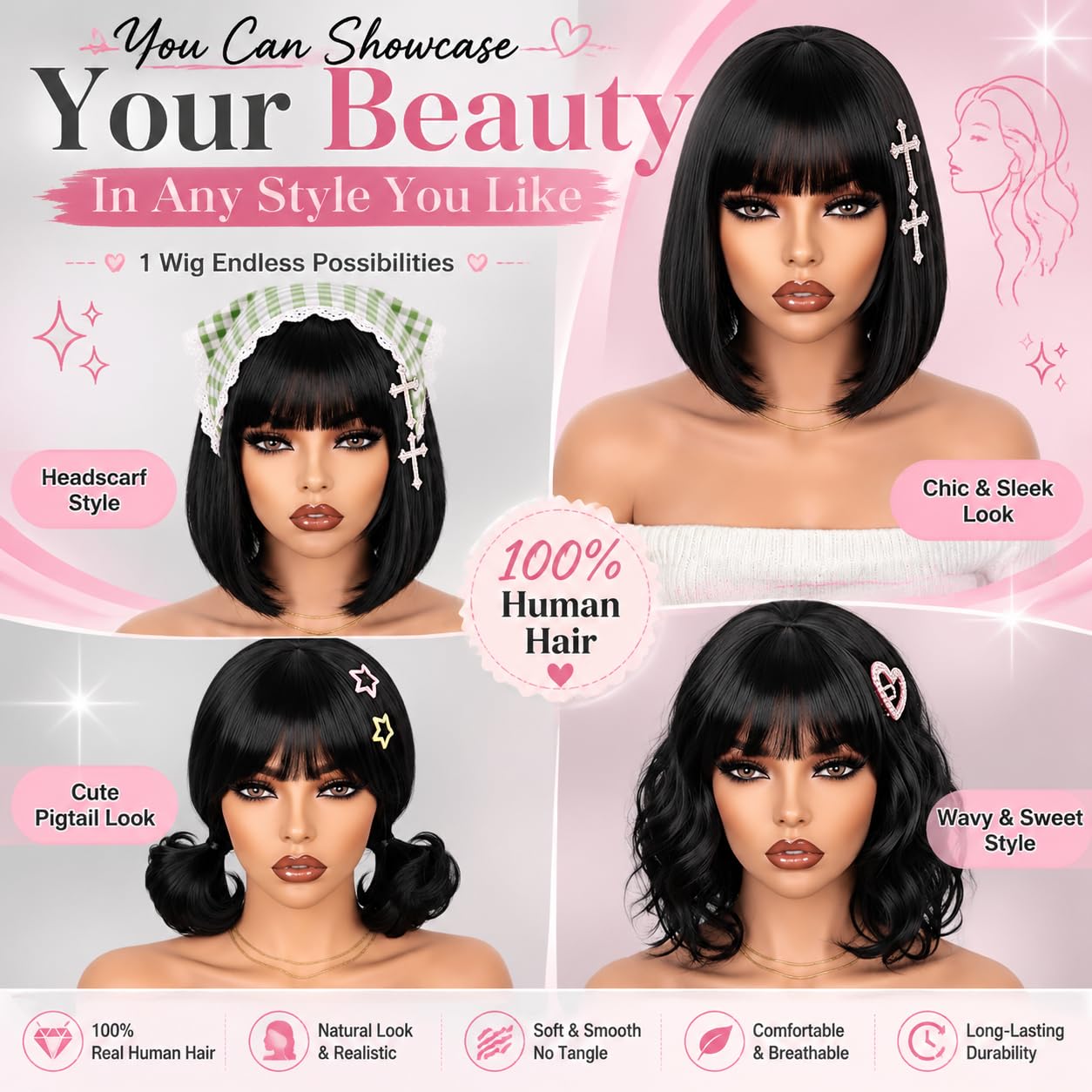 Adyutrlia Straight Bob Wig Human Hair With Bangs Glueless 2x4 HD Lace Colsure Wigs, Ready to Go Human Hair Wig Short Wigs Human Hair For Women Beginner Friendly (Natural Black, 10 Inch)