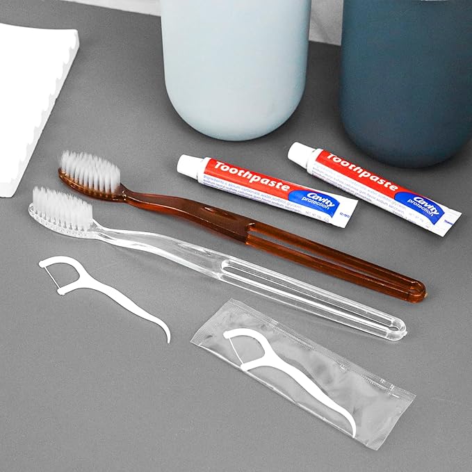 30pcs Disposable Toothbrushes with Toothpaste Floss Individually Wrapped, 2 Color Disposable Toothbrush Bulk, 10g Toothpaste, Dental Floss Pick for Homeless,Airbnb,Hotel,Guest