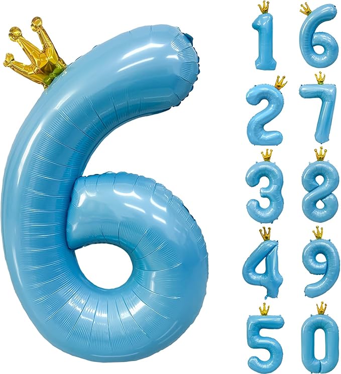 Blue Number 6 Balloon with Crown, 40 inch Blue Number Balloon 6th Birthday Party Decoration BlueCrown Balloons 0-9 for Birthday Party Anniversary Decorations Supplies