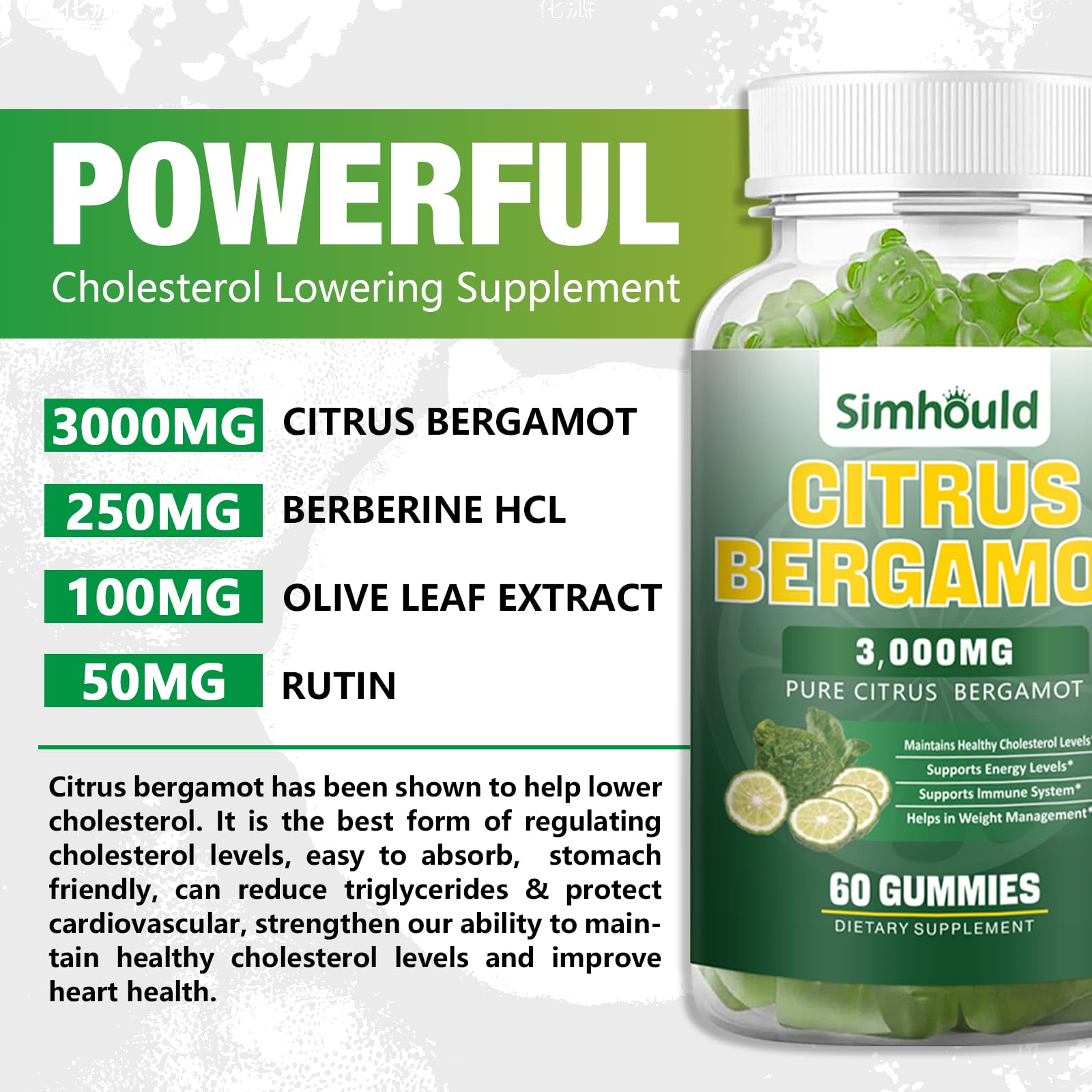 2 Pack Citrus Bergamot Gummies -3000MG Citrus Bergamot Extract Cholesterol Lowering Supplement for lmmune Support Healthy Anti-Aging, Hight Cholesterol Vegan Gummy 120 Counts Lime Flavor