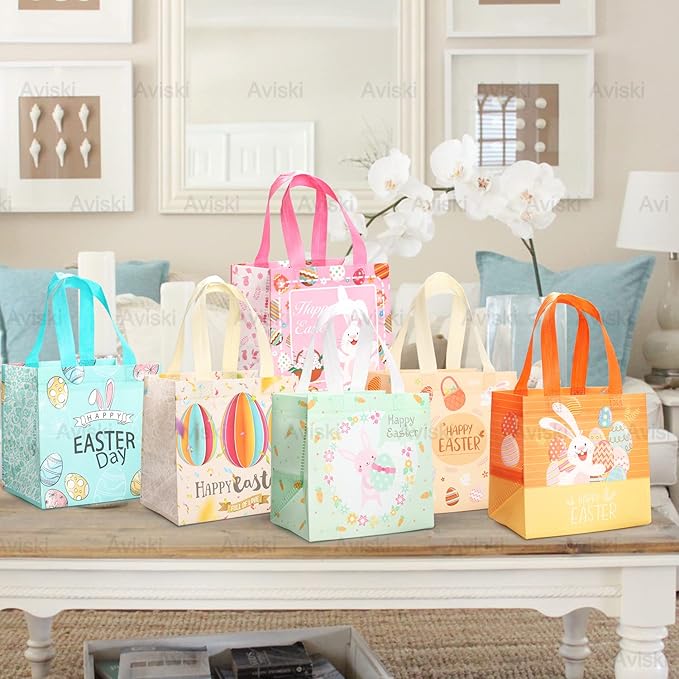 6PCS Happy Easter Egg Hunt Bags Easter Bunny Carrot Chick Egg Gift Bags with Handles, Easter Treat Bags, Multifunctional Non-Woven Bags for Gifts Wrapping, Egg Hunt Game, Easter Party Supplies,