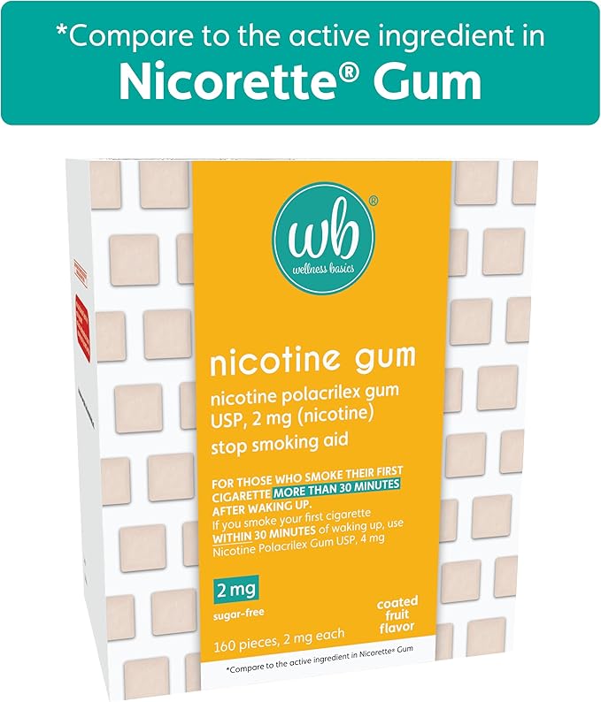 Wellness Basics Nicotine Gum 2mg | Stop-Smoking Aid | Fruit Flavor | 160 Count | Reduces Cravings & Withdrawal Smyptoms
