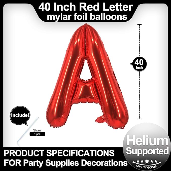 40 Inch Red Letter A Balloons, DIY Phrase Foil Alphabet Letter A Balloons DIY Word A Banner for Birthday Anniversary Celebration Graduation Party Supplies Decoration