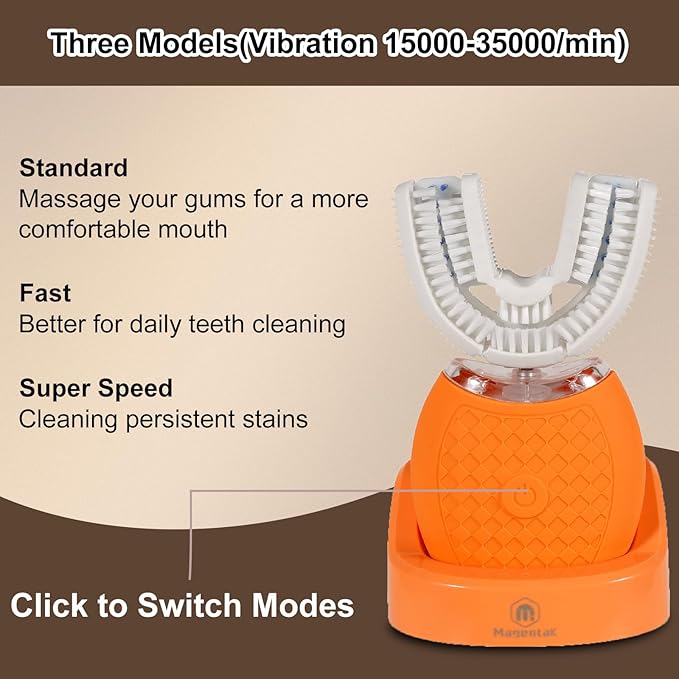Magentak Electric U Shaped Toothbrush for Adult,360 Degree Automatic Cleaning, Ultrasonic Tooth Brush has 23760 Nylon Bristles and 3 Modes Standard, Fast, Ultra Fast(Orange)