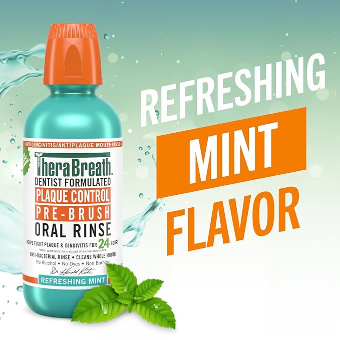 TheraBreath Plaque Control Pre-Brush Oral Rinse, Refreshing Mint Flavor, Antigingivitis and Antiplaque Rinse, Dentist Formulated, Alcohol Free, 16 Fl Oz (Pack of 2)