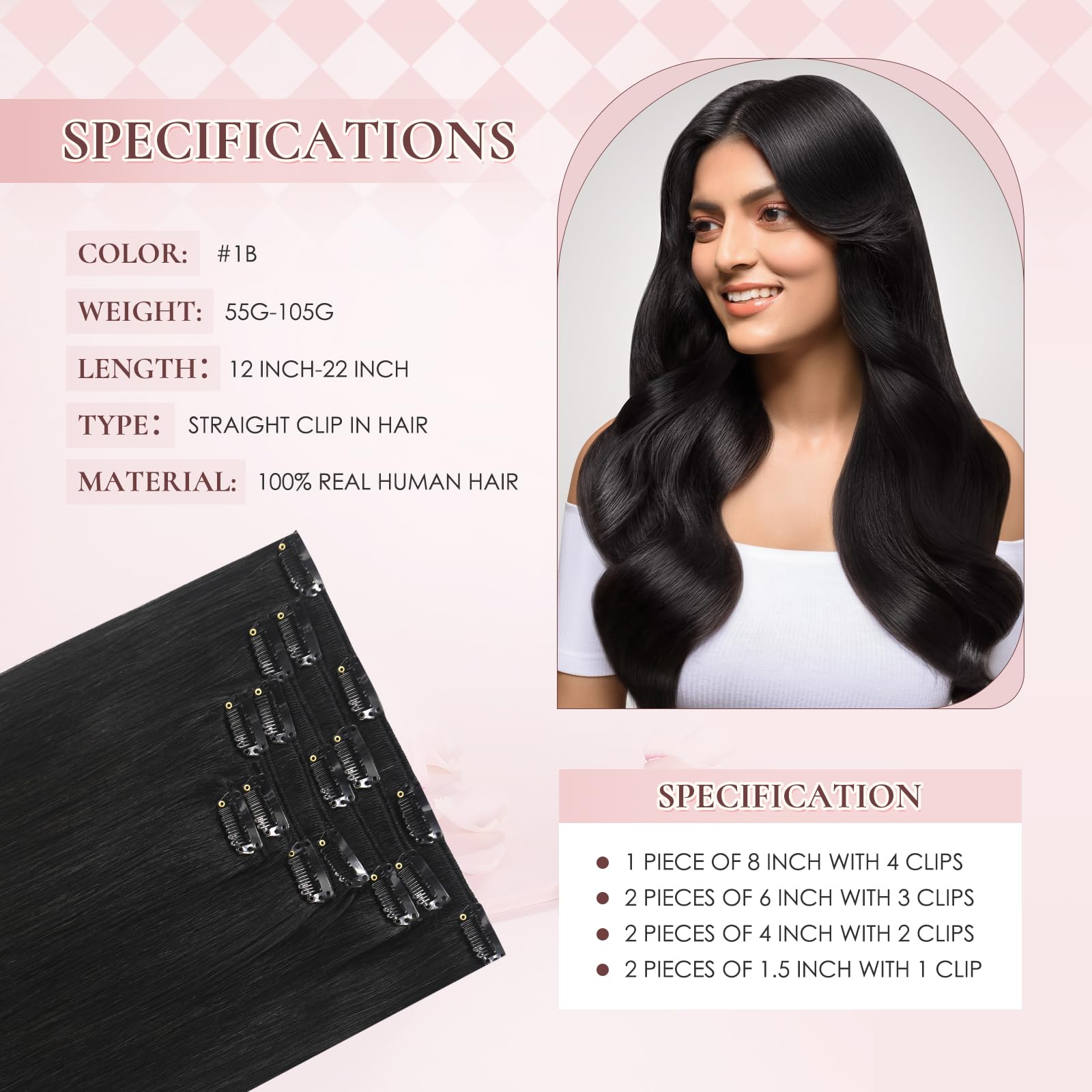 Hyssiet Invisible Clip in Real Human Hair Extensions,12 Inch 55 Gram 1B Natural Black Remy Thick Straight Clip in Hair,7 Pieces With 16 Clips, No Slip No Shedding Comfortable All Day Wear