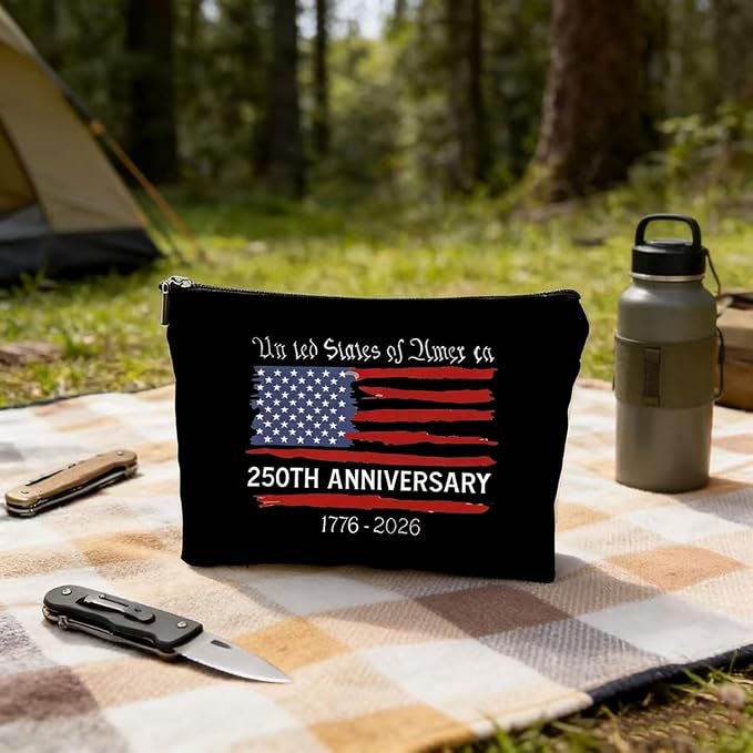 GRITOSE 4th of July Small Makeup Bag,USA 250th Black Cosmetic Bags with Zipper with America Flag designs Accessories for Women Friend Independence Day Gifts Makeup Pouch