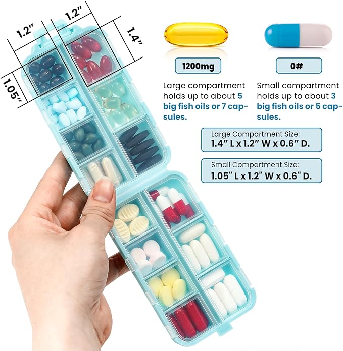 14 GRIDS Travel Pill Organizer Box with Labels - Travel Medicine Case Kit - Pocket Daily Pharmacy Container - Travel Medication Holder Dispenser for Fish Oil Vitamin Supplement Storage - Sky Blue