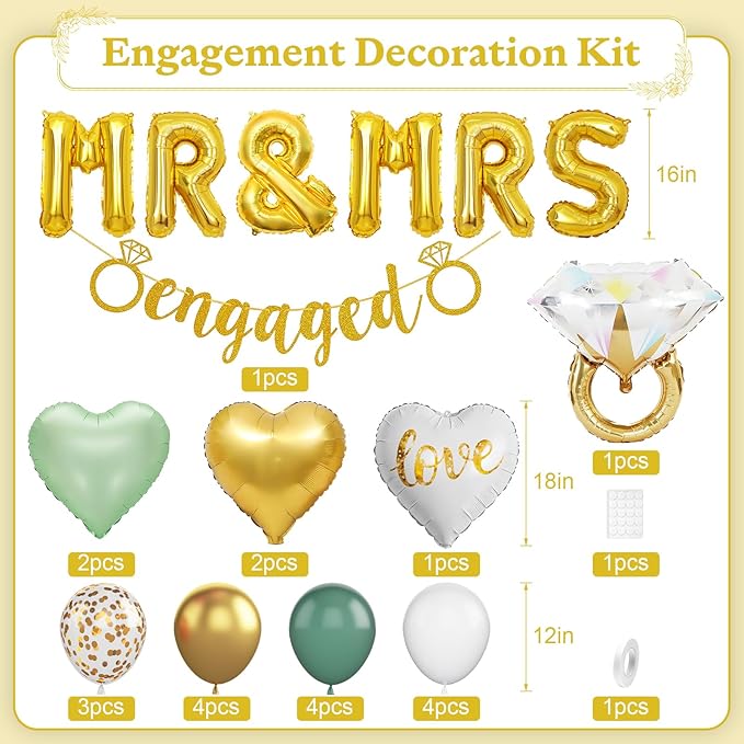 Sage Green Engagement Party Decorations, MR and MRS Balloons, Metallic Gold White Confetti Balloon, Love Heart and Diamond Ring Foil Balloon with Engaged Banner for Wedding Engagement Party Decoration