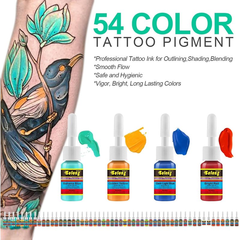 Solong Tattoo Ink Set 54 Complete Colors Pigment Kit 1/6oz (5ml) Tattoo Supply for Tattoo Kit TI1001-5-54